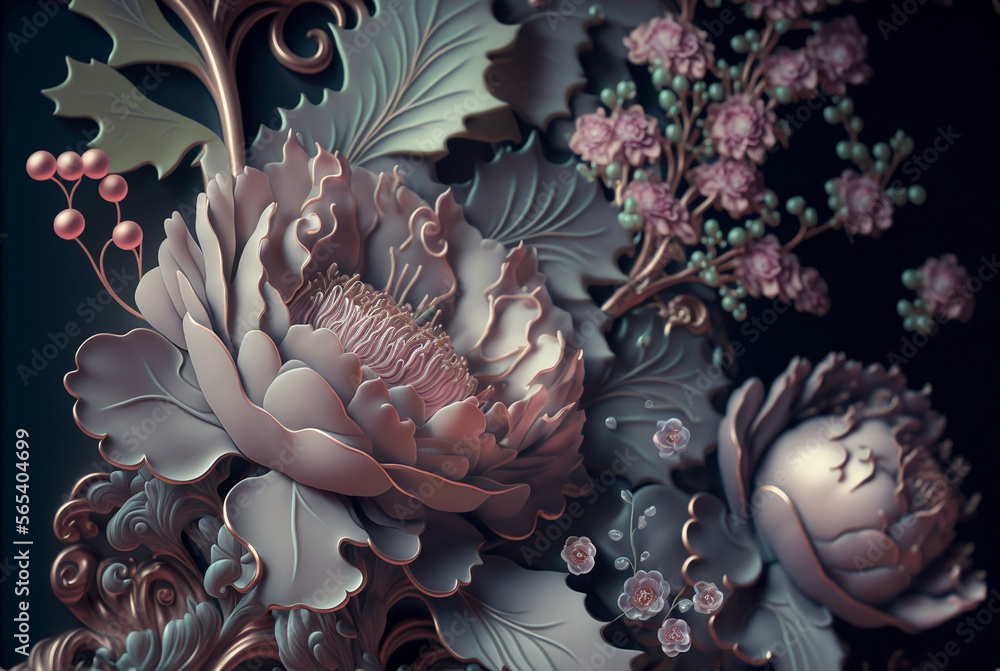A wallpaper of a rococo blooms flowers dreamy intricate details pastel scheme tone fantasy fairytale aesthetic rococo luxurious style background,generative ai. A wallpaper of a rococo blooms flowers dreamy intricate details pastel scheme tone fantasy fairytale aesthetic rococo luxurious style background,generative ai.