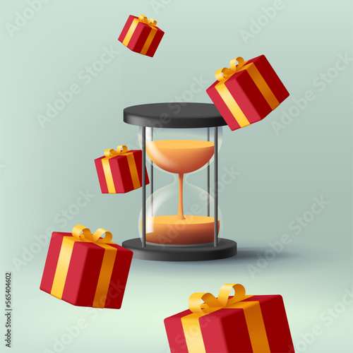 Time for presents banner with 3d illustration of glass sand clock with red gift boxes and yellow ribbons flying around