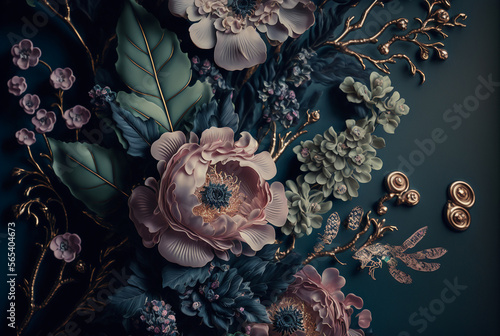 A wallpaper of a rococo blooms flowers dreamy intricate details pastel scheme tone fantasy fairytale aesthetic rococo luxurious style background,generative ai. © Nokhoog