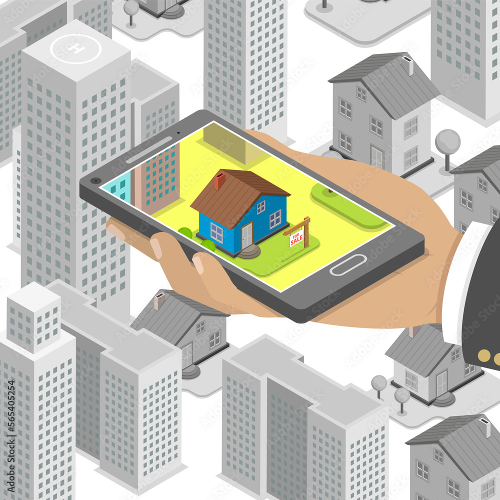 Real estate online searching isometric concept.
