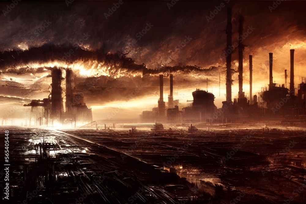 Fototapeta premium A dramatic storm over a destroyed industrial landscape.