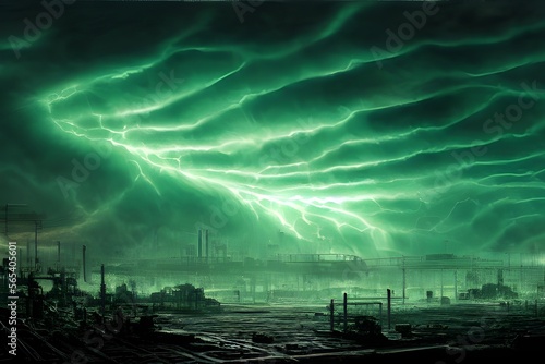 Naklejka A dramatic storm over a destroyed industrial landscape. 