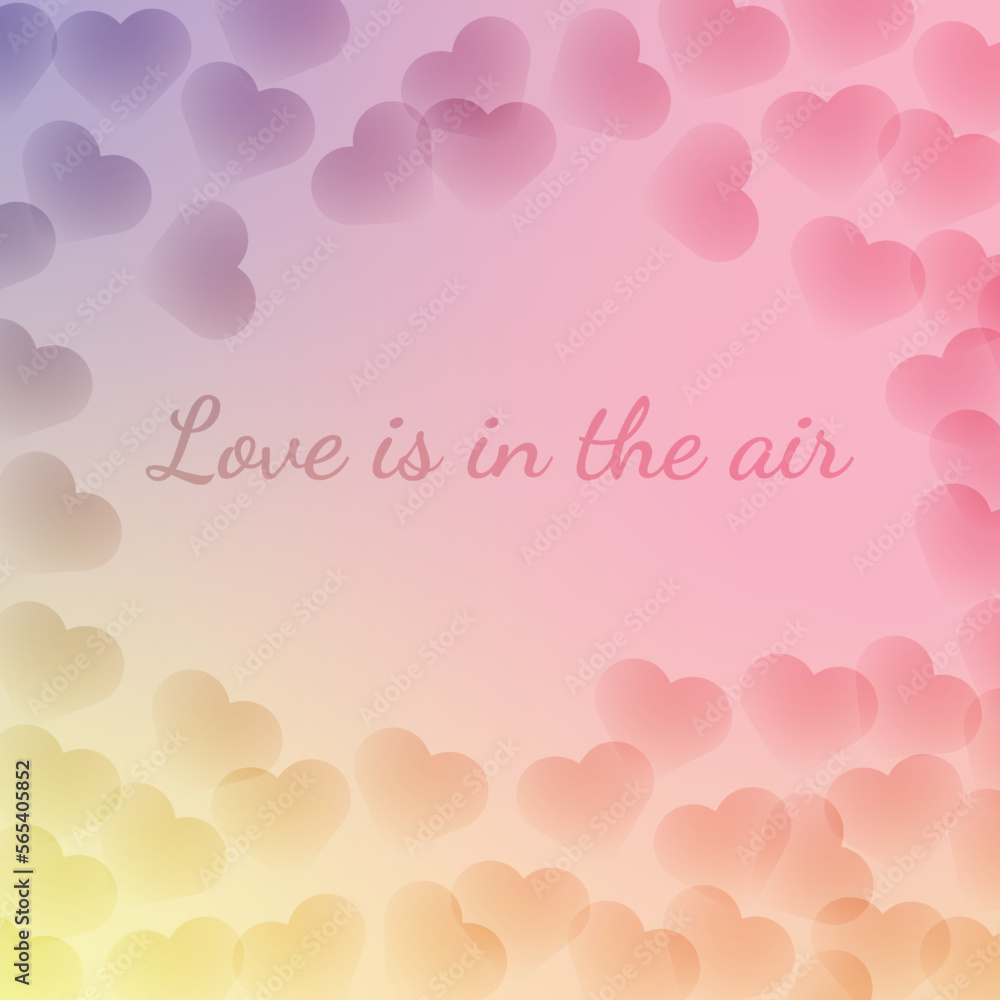 Airy light greeting card with transparent hearts on sky pink, yellow gradient. St Valentine's Day