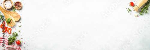 Healthy food background on white. Long banner format.