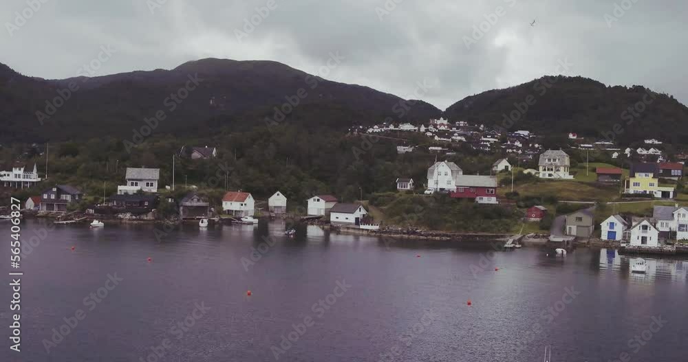aerial motion to fjord coast with houses scattered near forestry hills and yacht sheds with piers under overcast sky aerial motion to fjord coast with houses scattered near forestry hills and yacht sheds with piers under overcast sky