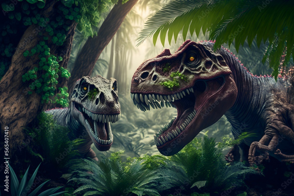 Obraz premium Dinosaurs in the forest.generative Ai