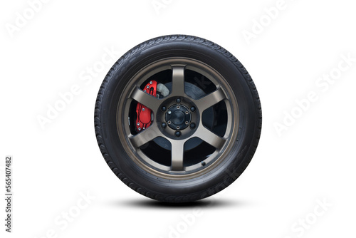 Clipping path. Silver wheel super car isolated on white background view. Magneto wheels. Movement. Move car. Closeup. Top view. Flat lay view.
