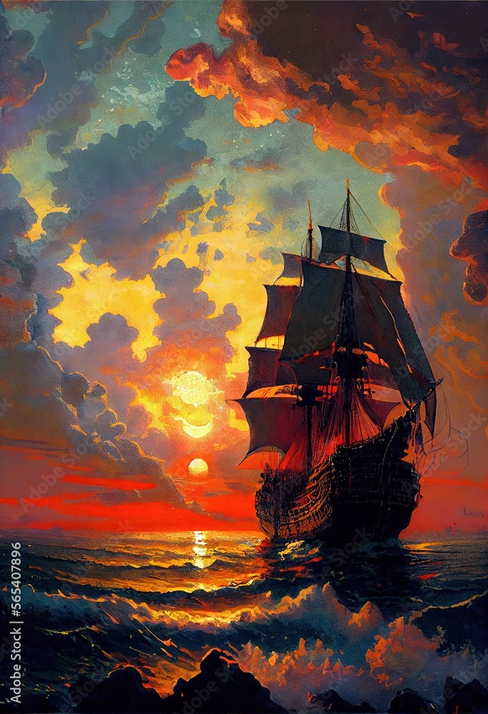fine art pointillism Illustration pirate ship on a violent sea sunset Generative AI