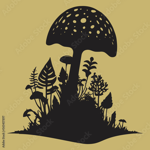 Vector art mushroom tree on a swamp. Isolated outline