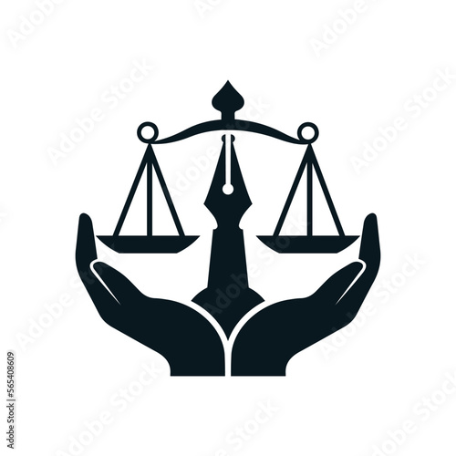 scales of justice and pen vector icon holding two hand. Attorney, judicial , barrister and lawyer  logo icon design.