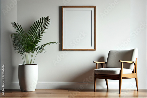 Brown photo frame mockup in the living room, interior design, minimalist, modern © Fariz