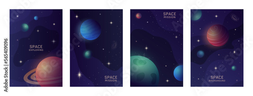 Galaxy posters. Astronaut in future space. Cosmic or astronomy banners. Planets in universe. Outer infinity discovery. Cosmos exploration. Astronomy science. Vector utter cards set