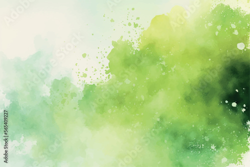 Watercolor Background. Vector texture, green shades. Perfect for tropical backdrop or another nature creation. Template for graphic. Mint colors. Pastel and delicate. Paint splash. Brush stroke.