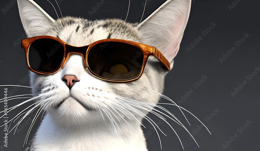 kitten, wearing glasses, looking straight ahead with a cocky face, dark gray background. Generative Ai