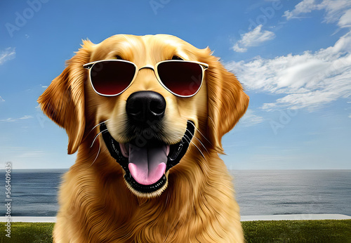 golden retriever dog wearing vintage sunglasses, looking straight ahead with mouth open, beach background. Generative Ai