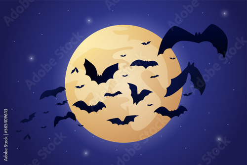 Halloween bat, comic moon light, vampires flock. Flying afraid horrible animals in moonlight, spooky horror night. Creepy flittermouse silhouettes. Vector cartoon recent backdrop