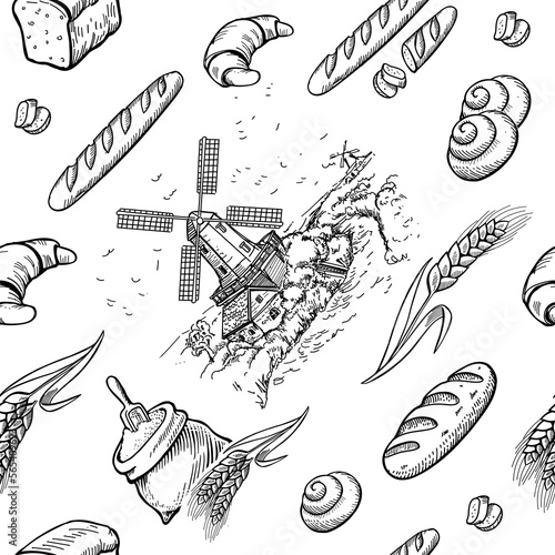 Vector bakery retro seamless pattern. Vintage engraving bread, mill and sereals ears Illustration.
