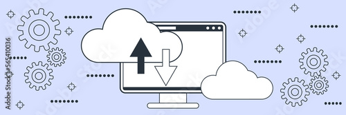 Cloud data backup, data storage, synchronization flat contour style vector concept illustration