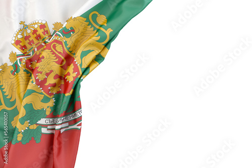 Flag of Bulgaria with coat of arms in the corner on white background. 3D illustration. Isolated