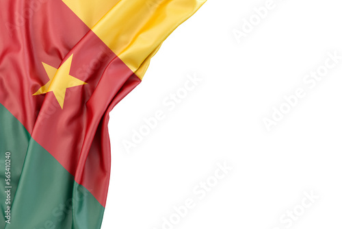 Flag of Cameroon in the corner on white background. 3D illustration. Isolated