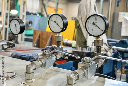High pressure gauges with changeover valves in the hydraulic supply system.