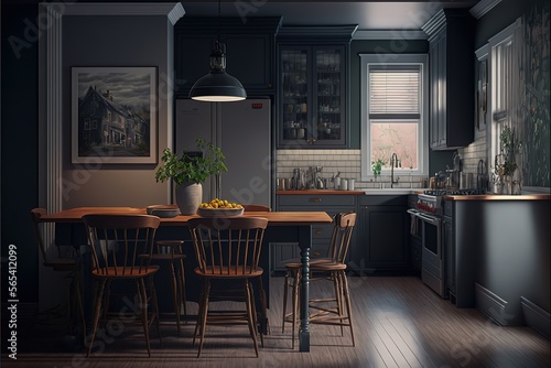Dark gray kitchen with bar and dining table