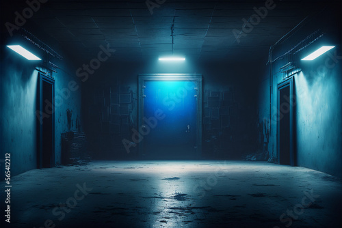 Dark stage shows  dark blue background  an empty dark scene  neon light and spotlights  Generative Ai