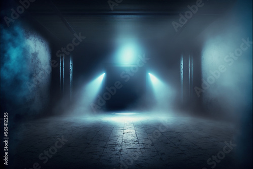 Dark stage shows, dark blue background, an empty dark scene, neon light and spotlights, Generative Ai