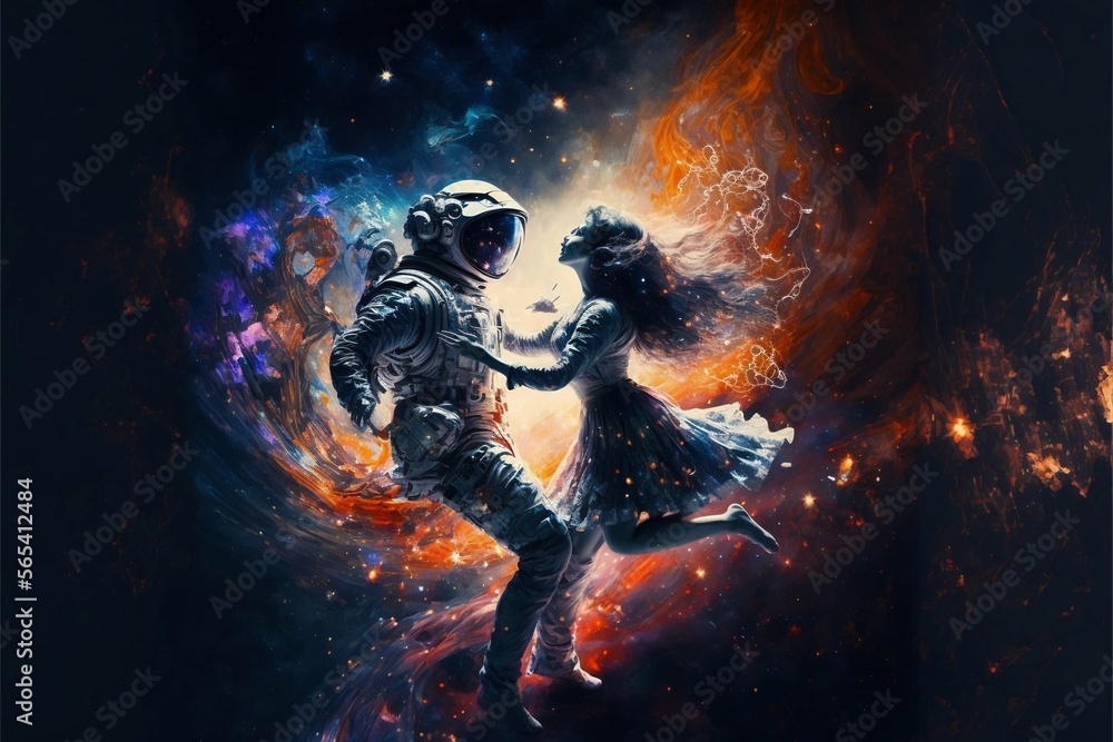 Dancing lovers in magic space background. Generative Ai Dancing lovers in magic space background. Generative Ai
