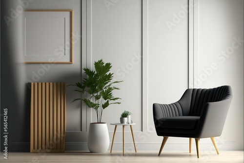 Empty wall in Scandinavian style interior with armchair. Minimalist interior design