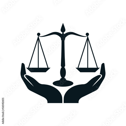 scales of justice and law service logo icon design. two hand holding scale balance.
