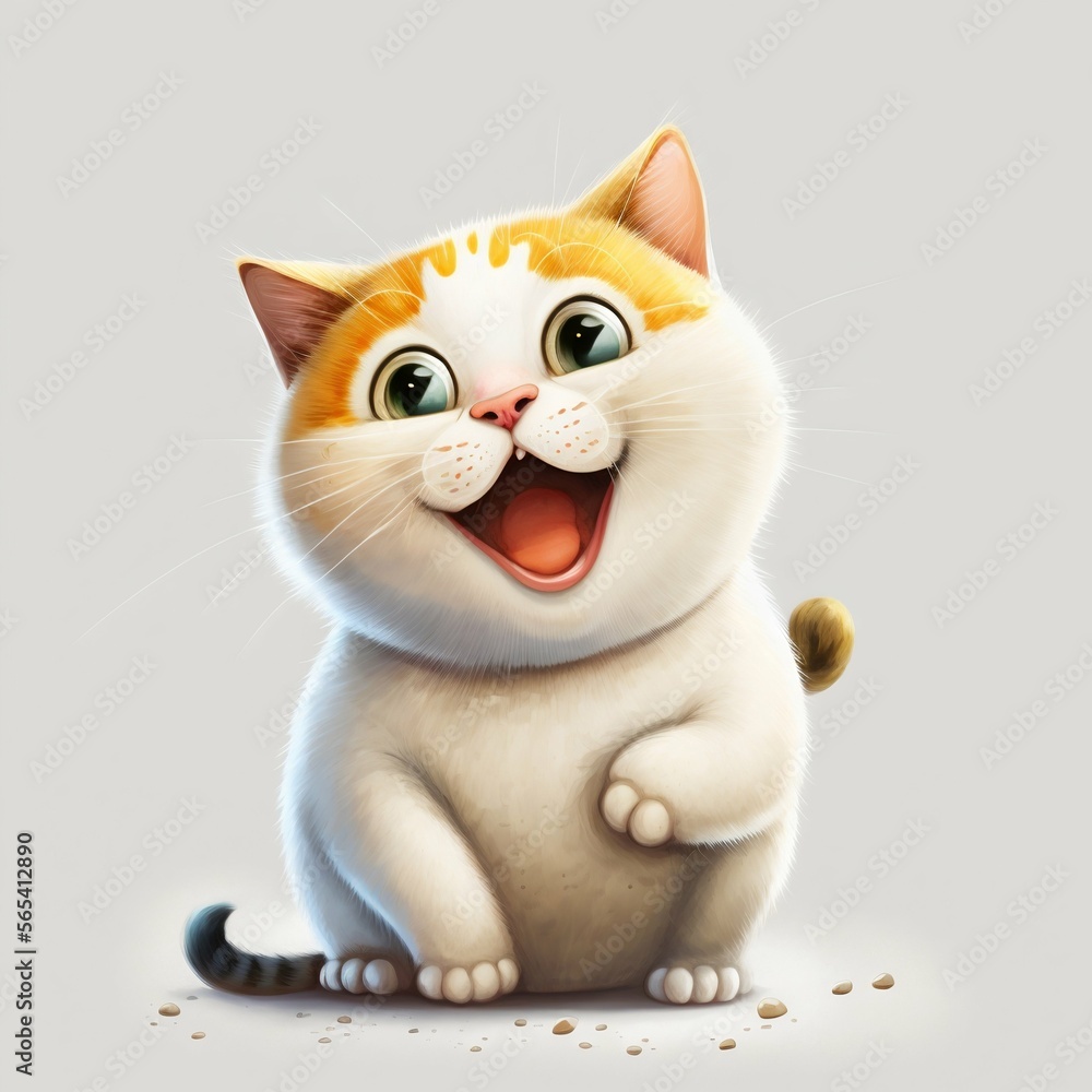 Obraz premium Sweet, happy and funny cartoon kitty isolated on white background. Generative Ai