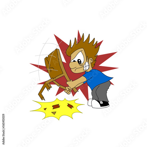 Cute Angry mad boy character stamping and smashing a wooden chair on the floor. Breaking chair. Colorful cartoon style vector illustration isolated on white background.