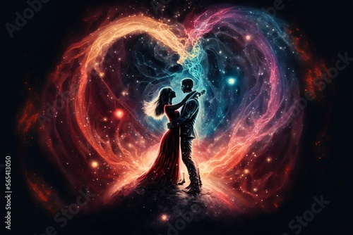 Dancing lovers in magic space background. Generative Ai