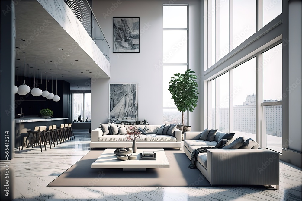 Modern living room interior in a penthouse - obrazy, fototapety, plakaty 