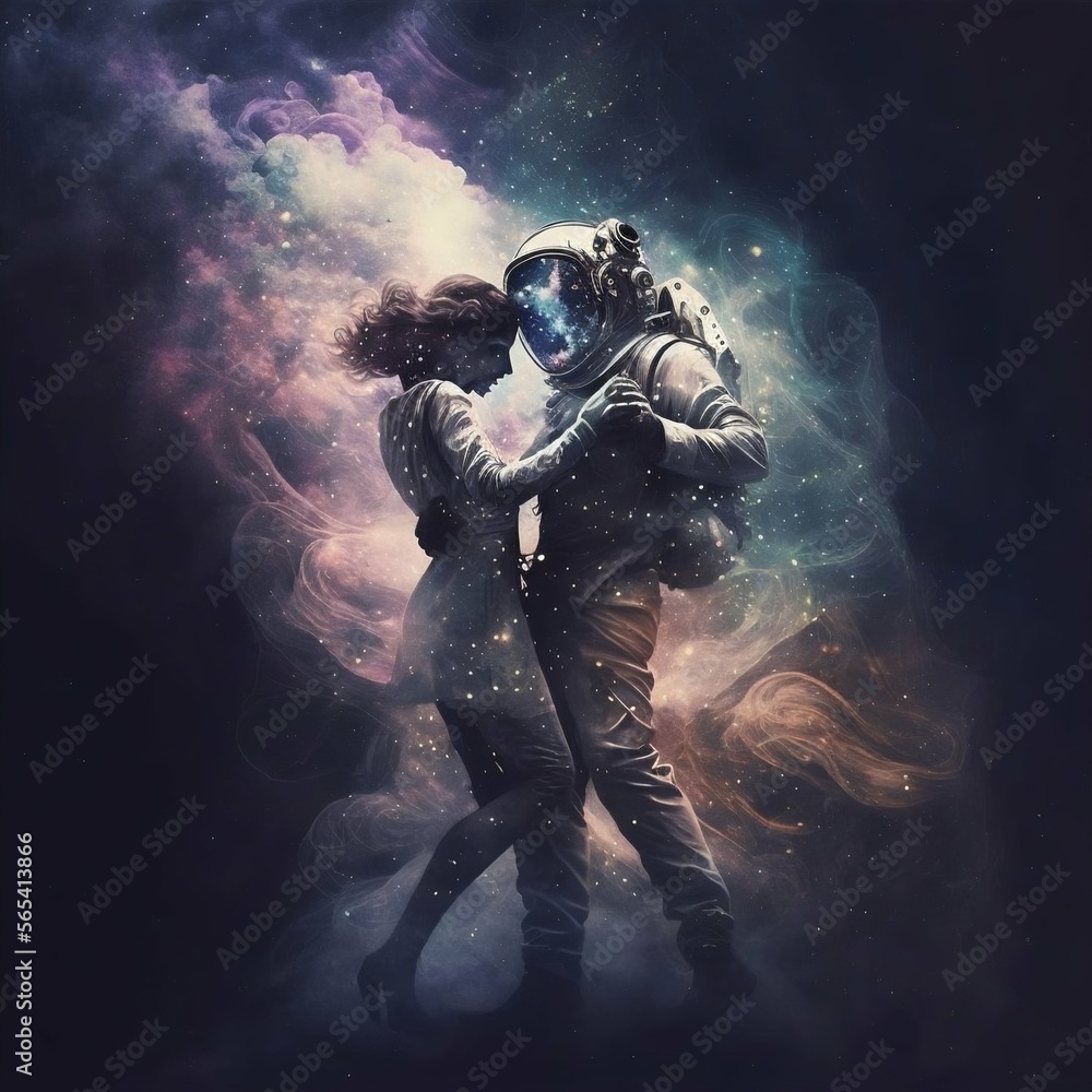 Fototapeta premium Dancing lovers in magic space background. Generative Ai