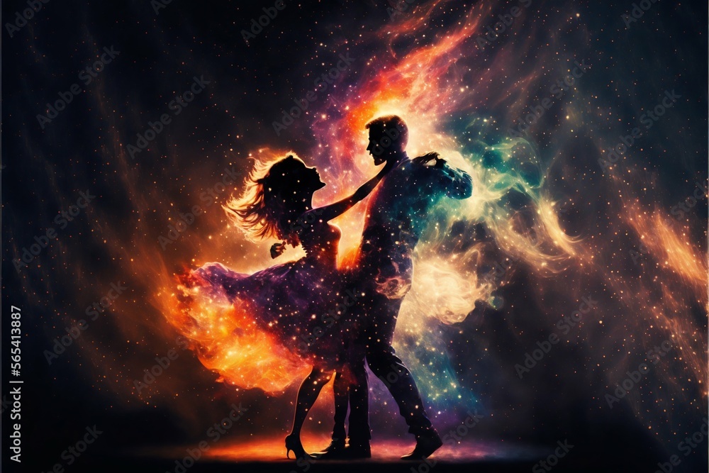 Dancing lovers in magic space background. Generative Ai