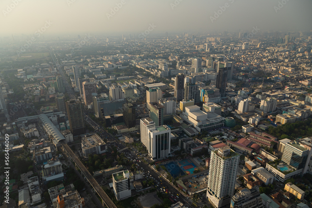 Panoramic view of Bangkok, its districts, neighborhoods and streets, crisscrossed by highways full of traffic and vehicles