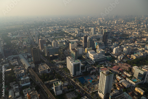 Panoramic view of Bangkok, its districts, neighborhoods and streets, crisscrossed by highways full of traffic and vehicles