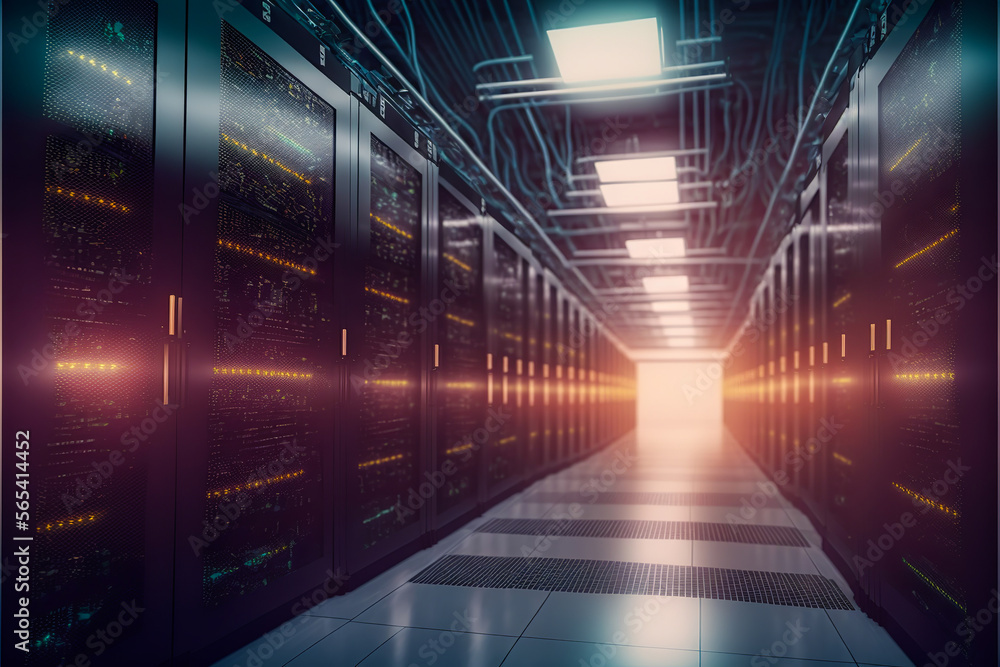 Illuminated interior of a data center with dramatic lighting and a digital style. Capture the power of computing with this captivating image.