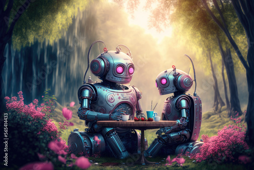 A robot couple enjoying a romantic picnic in a futuristic park on Valentine's Day, surrounded by lush greenery and advanced technology, generative ai