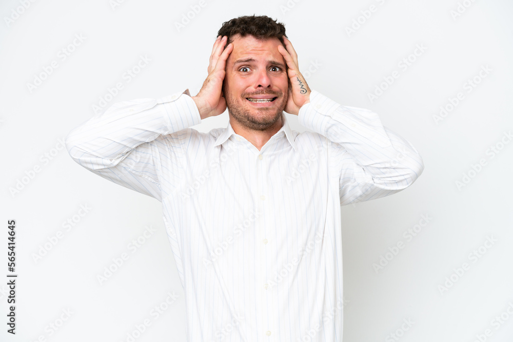 Young caucasian handsome man isolated on white background doing nervous gesture Young caucasian handsome man isolated on white background doing nervous gesture
