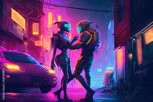 colorful, robotic couple dancing in a futuristic, neon-lit city, generative ai