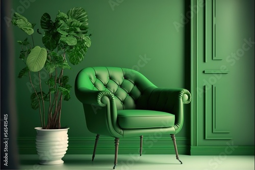 The interior has a armchair on empty green wall background