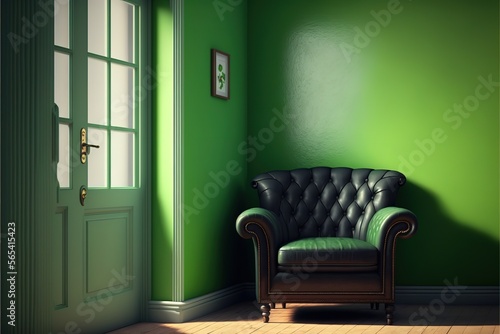 The interior has a armchair on empty green wall background