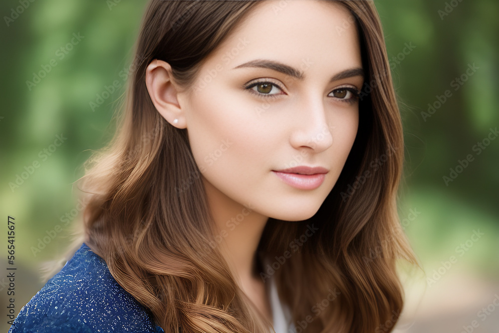 Female face beauty woman long hair fly natural make up. Beauty model girl with curly hairstyle outside. Fashion, cosmetics and makeup. Generative AI Female face beauty woman long hair fly natural make up. Beauty model girl with curly hairstyle outside. Fashion, cosmetics and makeup. Generative AI