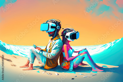 futuristic couple sitting in a virtual reality simulation of a colorful, romantic beach, generative ai