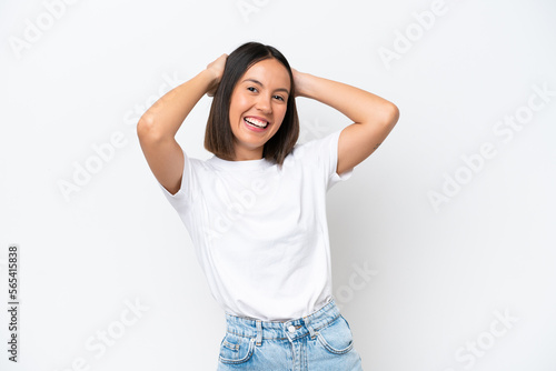 Young caucasian woman isolated on white background laughing © luismolinero