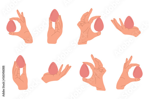 Hands hold accessories for applying makeup base. Makeup kit. Doodle cartoon style.