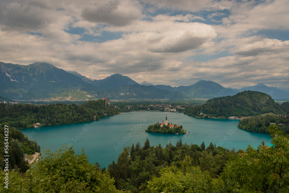 Island on lake in Bled town in Slovenia in cloudy summer day